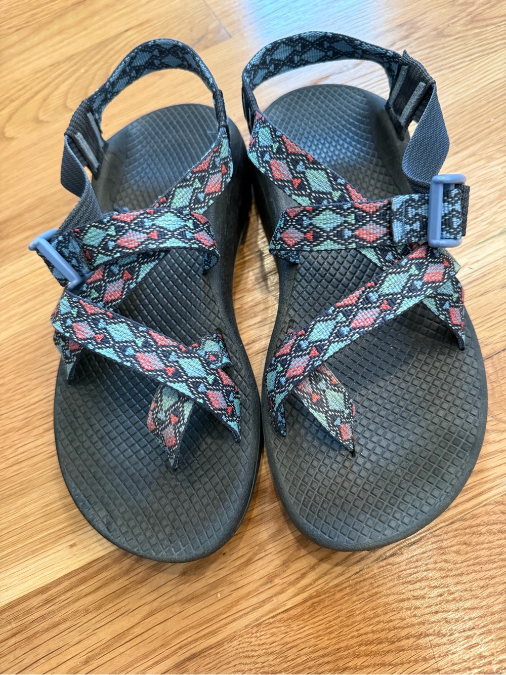 Chaco Women's Sandal Strappy Blue with Teal and Coral Pattern